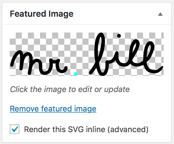 The 'Render this SVG inline' checkbox below the featured image panel